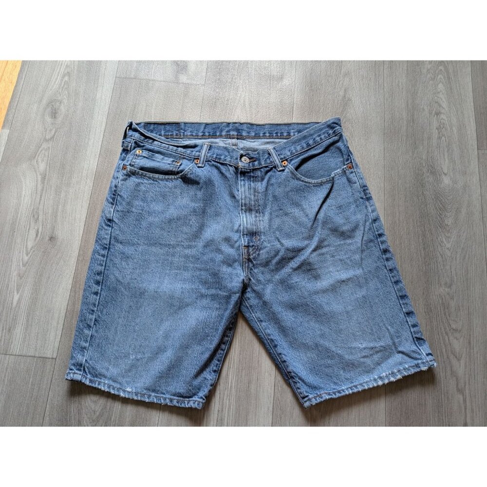 Levis 505 Mens Denim Jean Shorts W36 Distressed Raw Hem Classic Fit Blue Cotton